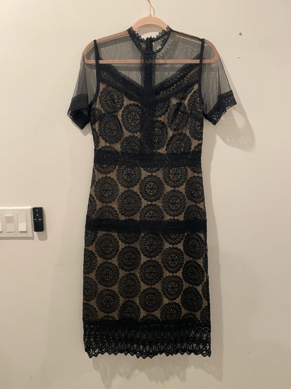 Chelsea28 Black Lace Midi Dress with Nude Underlay